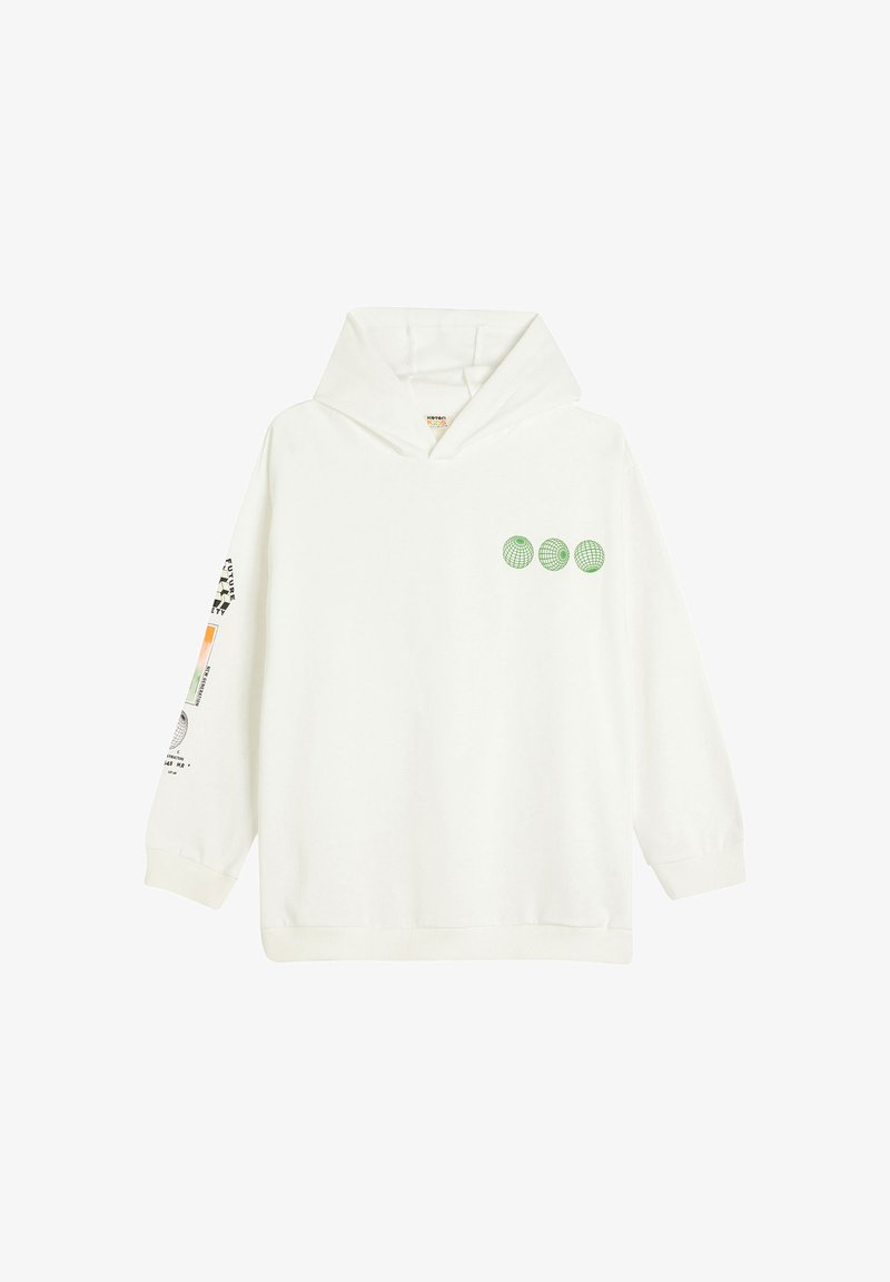 Witte katoen hoodie met een grote capuchon, drie groene grafische cirkels aan de voorkant, en bedrukte ontwerpen op de linker mouw.