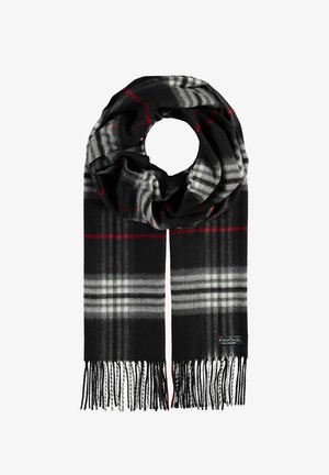 Melnā un pelēkā svītrainā šalle ar sarkaniem akcentiem, ar frizētām malām un maigu tekstūru. Izgatavota no siltas auduma, paredzēta, lai valkātu aptītu ap kaklu.