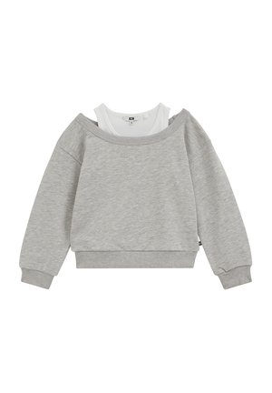 Sweat-shirt gris clair à épaules dénudées superposé à un débardeur blanc, présenté à plat sur un fond blanc.