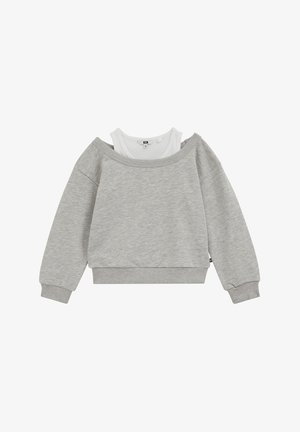 Sweat-shirt gris clair à épaules dénudées superposé à un débardeur blanc, présenté à plat sur un fond blanc.