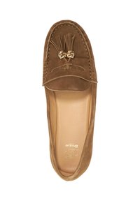 Brown suede moccasin with a rounded toe, featuring tassels and gold-tone hardware accents. Smooth inner lining, slip-on design.
