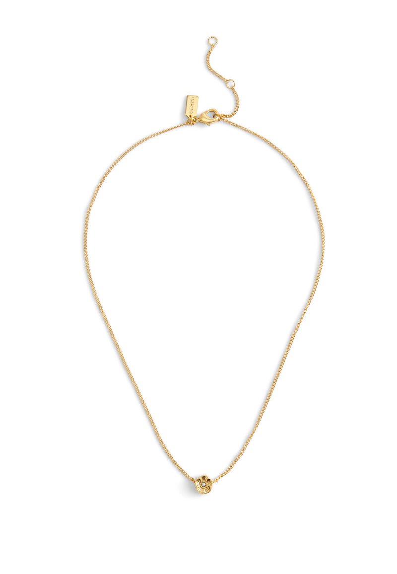 Collier en chaîne en or avec un petit pendentif rond arborant un motif floral. La chaîne présente une texture délicate et se ferme avec un fermoir en forme de homard.