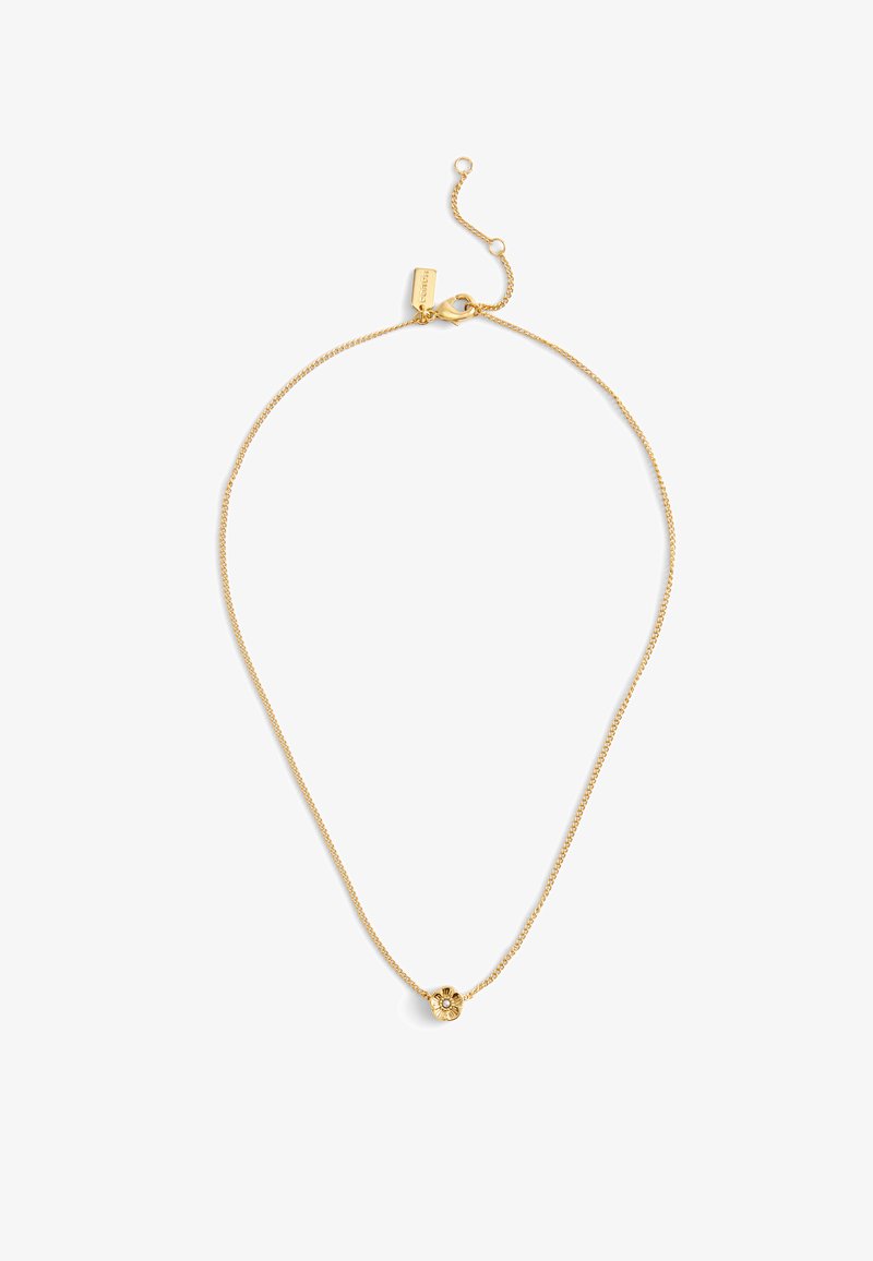 Gold chain necklace with a small, round pendant featuring a floral design. The chain has a delicate texture and a lobster clasp closure.