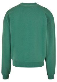 Felpa verde in morbido cotone, con scollo tondo, maniche lunghe e orli e polsini a costine, presenta un colore uniforme senza motivi.