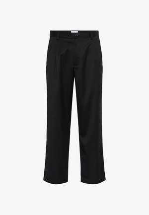 Czarne spodnie o dopasowanym kroju, wykonane z fakturowanej tkaniny. Posiadają prosty krój, zaszewki oraz pojedynczy guzik w talii.