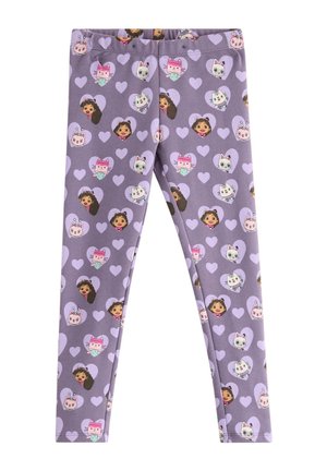 Paarse kinderleggings met herhaalde hartvormen en stripfiguren van meisjes en verschillende dieren overal in het patroon.