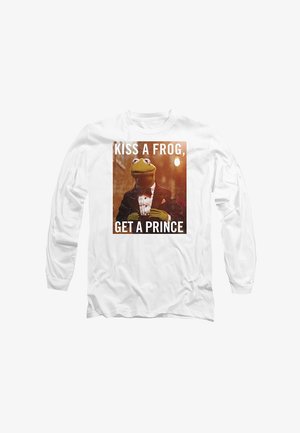 White long-sleeve t-shirt with a humorous graphic featuring a frog in a tuxedo and the text "KISS A FROG, GET A PRINCE" in bold black letters.