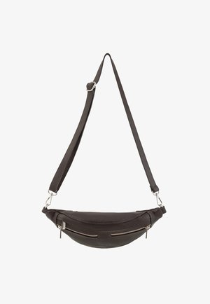 Ciemnobrązowa skórzana saszetka na pas z regulowanym paskiem, dwiema przednimi kieszeniami na suwak i srebrnymi suwakami.