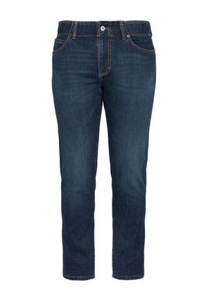 Ciemnoniebieskie jeansy o prostym kroju, wykonane z denimu. Posiadają pięć kieszeni, zapięcie na guzik i kontrastujące pomarańczowe przeszycia.