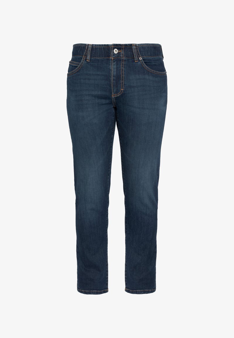 Ciemnoniebieskie jeansy o prostym kroju, wykonane z denimu. Posiadają pięć kieszeni, zapięcie na guzik i kontrastujące pomarańczowe przeszycia.