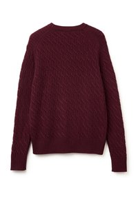 Burgunderfarbener Strickpullover mit strukturiertem Kabelmuster. Rundhalsausschnitt, lange Ärmel sowie gerippte Bündchen und Saum. Weiches Material.