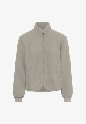 Lichtgrijs fleecejack met een hoge kraag, ritssluiting aan de voorkant en zijzakken. Voorzien van elastische manchetten en een zachte, gestructureerde stof.