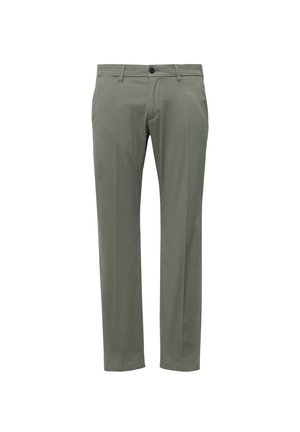 Olivgrüne Chinos mit glatter Textur, geradem Beinverlauf und einem klassischen Bund, der mit einem einzelnen Knopfverschluss und Fronttaschen ausgestattet ist.