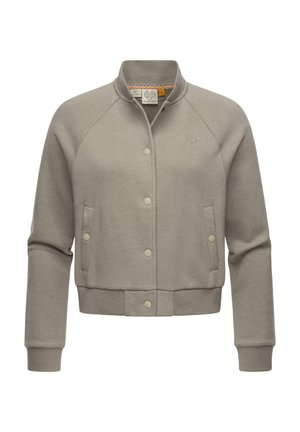 Lichtbeige bomberjack van zachte stof, voorzien van een kraag, drukknopen, twee zijzakken en ribbelboorden en -zoom.