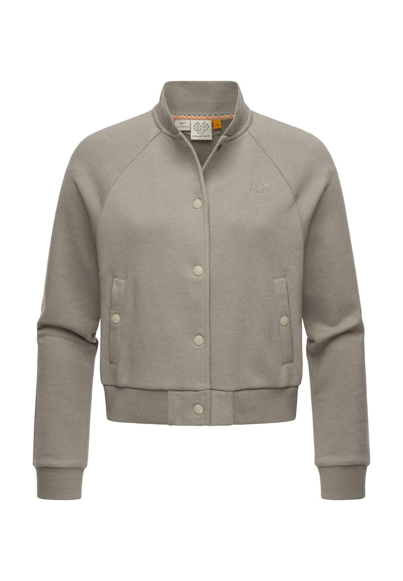 Svijetlosmeđi bomber jakna od mekog materijala, s kragnom, kopčanjem na dugmad, dva bočna džepa i rebrastim manžetama i rubom.