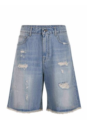 Short en jean bleu clair avec des déchirures, des ourlets effilochés, des passants pour ceinture et des poches avant.