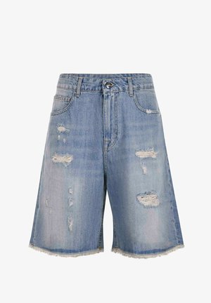 Hellblaue Jeansshorts mit Rissen, ausgefransten Säumen, Gürtelschlaufen und Vordertaschen.