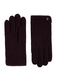 Gants en laine marron foncé avec une finition texturée, dotés d'un design à revers et d'un petit accent de logo. Convient pour un port par temps froid.