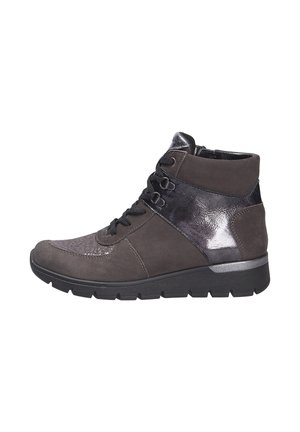 Dark gray high-top sneakers featuring a combination of suede and shiny leather, with black laces and a rubber sole.