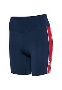 Marinblå sportshorts med kompressionspassform. Har röda och vita sidostripes och chevrondetaljer. Tillverkade av stretchigt, andningsbart tyg.