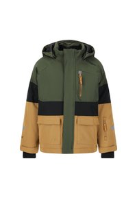 Gewatteerde jas met een mix van groen, zwart en bruin. Voorzien van een capuchon, voorzakken en een borstzak met rits.