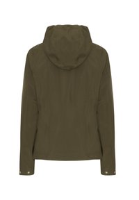 Chaqueta verde oliva con capucha, de textura suave, diseño ajustado y cierres a presión en las mangas; espalda limpia sin marcas visibles.