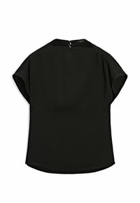 Schwarzes Kurzarmoberteil mit glatter Textur, abgerundetem Saum und einer Schlüssellochöffnung am Rücken, mit zwei Knopfverschlüssen.