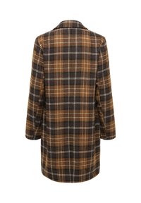 Palton maro și negru cu carouri, cu croială lejeră, mâneci lungi și guler. Prezintă un model în carouri și un material texturat.