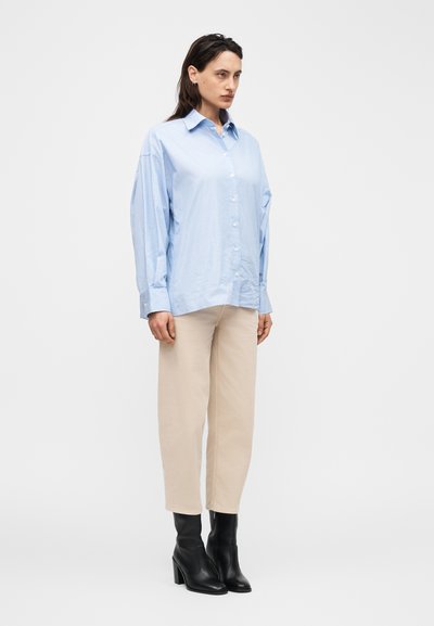 Γυναίκα που φοράει ένα ανοιχτό γαλάζιο φαρδύ πουκάμισο με κουμπιά, μπεζ παντελόνια και μαύρα μποτάκια με τακούνι, όρθια μπροστά σε ένα απλό φόντο.