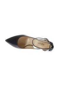Black leather pointed-toe pump with a strap and buckle detail. Smooth texture with a slender heel and beige interior lining.