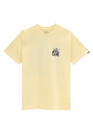 Gul bomulds T-shirt med korte ærmer, rund hals, har et grafisk design på venstre bryst og inkluderer Vans-logoet i sort.