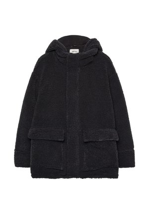 Black fleece coat with a hood, featuring a textured finish, front button closure, and two front pockets. Soft material and oversized design.