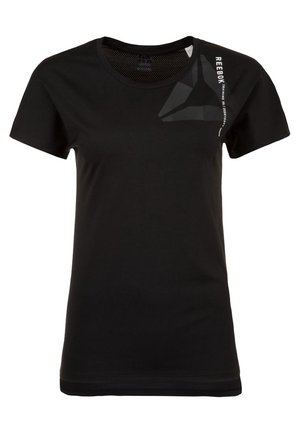 Czarna sportowa koszulka Reebok z krótkim rękawem, z małym geometrycznym logo i napisem na górnej lewej części klatki piersiowej, blisko ramienia.