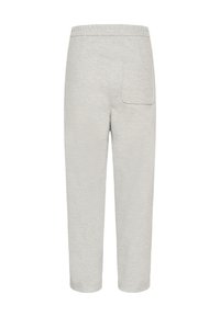 Világosszürke melegítő nadrág, puha tapintással, rugalmas derékpánttal és egy hátsó zsebbel; szűkített lábujjdizájn a kényelmes viselet érdekében.