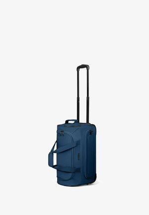 Borsone da viaggio blu navy con manico nero estendibile, tasche laterali con zip e due cinghie imbottite su sfondo bianco.