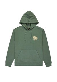 Sudadera verde con bolsillo frontal, capucha con cordón y pequeño gráfico floral beige en el lado izquierdo del pecho.