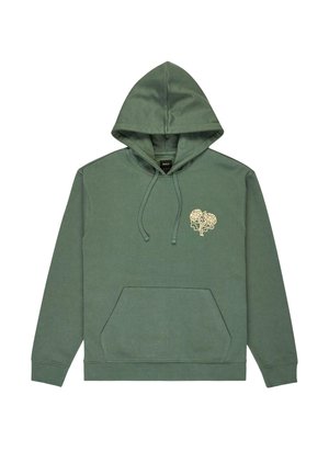 Sweat à capuche vert avec poche frontale, capuche à cordon de serrage et petit motif floral beige sur la poitrine gauche.