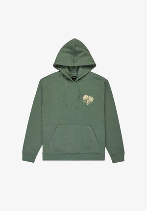 Grüne Kapuzenjacke mit frontaler Tasche, Kordelzugkapuze und kleinem beige blumigen Motiv auf der linken Brust.