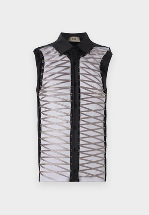 Chemise noire sans manches avec un devant transparent, des bretelles croisées, une fermeture à boutons et un col structuré.