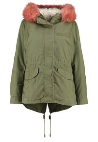 Grüne Parka-Jacke mit einer pinken Kunstpelzkapuze, einem fleecegefütterten Kragen, zwei Vorderentaschen und verstellbaren Kordelzügen am Saum.