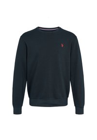 Mörkblå sweatshirt i mjuk bomull, med rund halsringning, långa ärmar, ribbade muddar och nederkant, samt en liten röd logotyp på bröstet.
