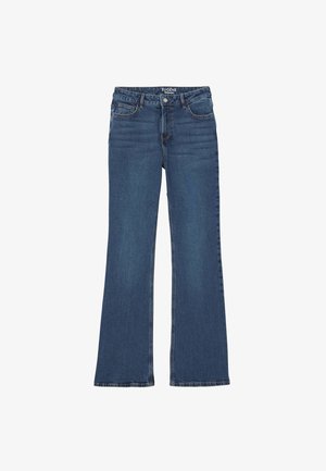 Jean en denim bleu à taille haute, fermeture par bouton et zip, jambes droites, avec poches avant et arrière.