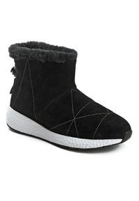 Schwarze Wildleder-Stiefelette mit einem Kragen aus Kunstfell, ausgestattet mit weißen Nähten, einer strukturierten Gummisohle und einem gesteppten Design im oberen Bereich.