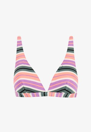 Driehoekige bikinitop met gestructureerde stof, voorzien van horizontale strepen in perzik, lavendel, wit, zwart en grijs.