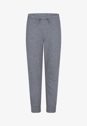 Pantalones de chándal grises hechos de una tela suave, con una cintura elástica con cordón, piernas ajustadas y puños acanalados en los tobillos.