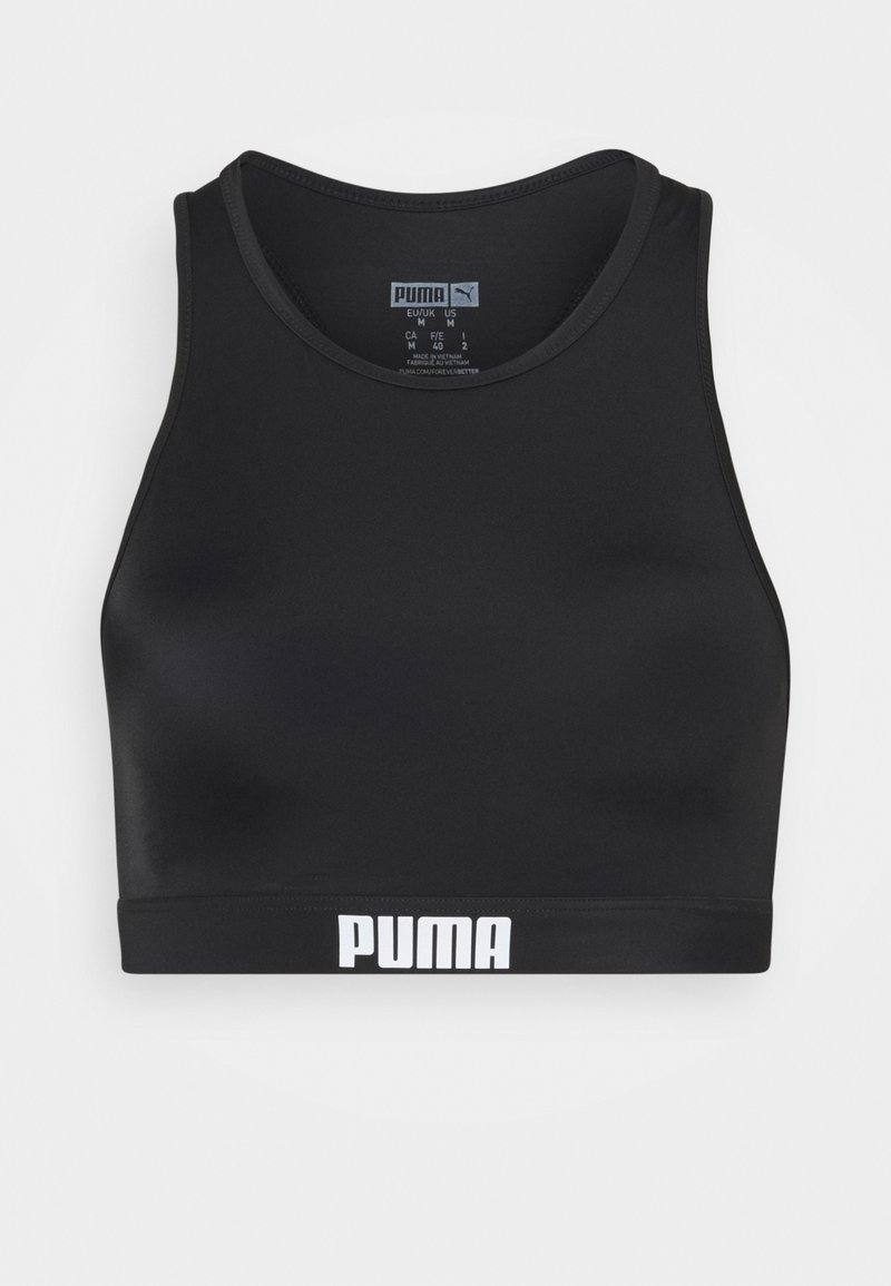 Svart sport-BH laget av glatt, stretchy materiale. Har en rund utringning og et bredt elastisk bånd med hvit "PUMA"-logo.