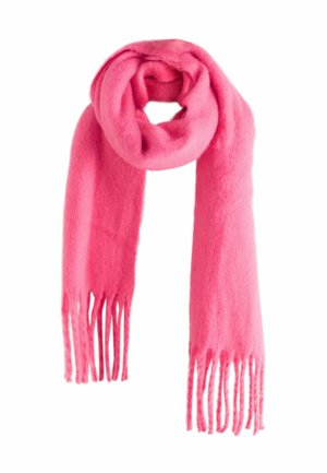 Pink wool scarf with soft texture, fringed ends, and a cylindrical shape, designed for warmth and comfort.