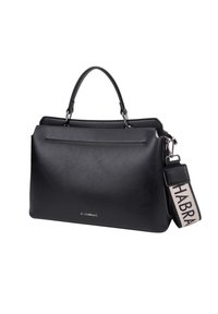 Sac à main en cuir noir au design structuré, avec deux poignées et une bandoulière imprimée détachable. Il dispose d'une poche à glissière à l'avant et d'un détail de logo en métal.