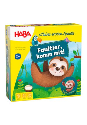 Board game box featuring a sloth illustration in brown with a smiling face, bright yellow background, and colorful accents of plants and animals.