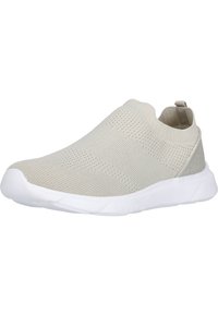 Bequeme Slip-On Sneaker aus leichtem beigen Strickmaterial, mit atmungsaktivem Textur, weichen Laufsohlen und einer abgerundeten Zehenpartie mit einer Lasche an der Ferse.